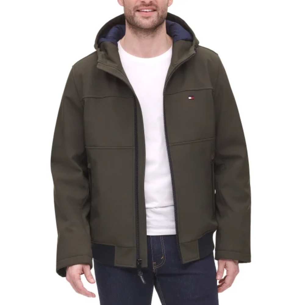 Tommy Hilfiger Men’s Softshell Jacket Size Large Green Hooded Zip Up Coat Bomber